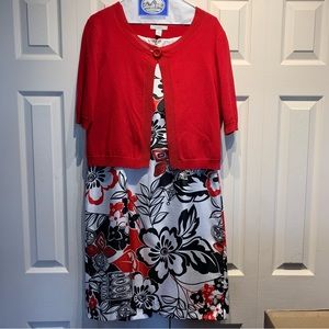 DRESSBARN Abstract floral dress with red cardigan